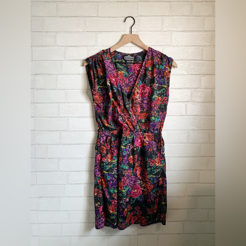 Angie 90s Multicolor Floral Rose Wrap Front Sleeveless Mini Dress